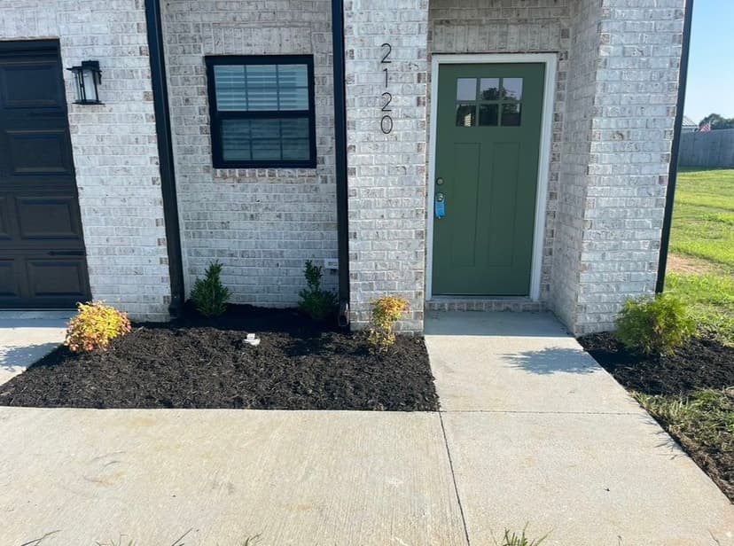 Front entrance of a modern brick home with green door and landscaped garden.